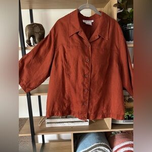 SILHOUETTE Burnt Orange Button-down Women's Top 100% Linen Beachy 3/4 sleeves